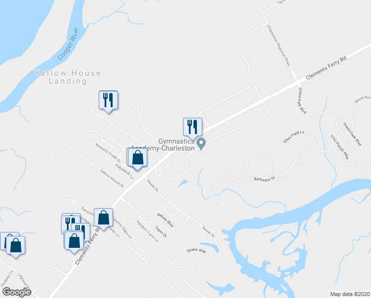 map of restaurants, bars, coffee shops, grocery stores, and more near 2020 Wambaw Creek in Charleston