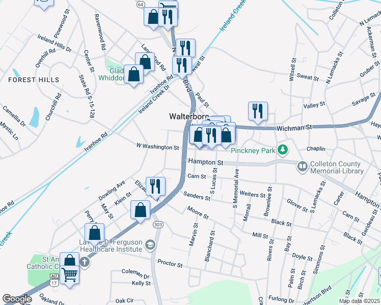 map of restaurants, bars, coffee shops, grocery stores, and more near 101 Hampton Street in Walterboro