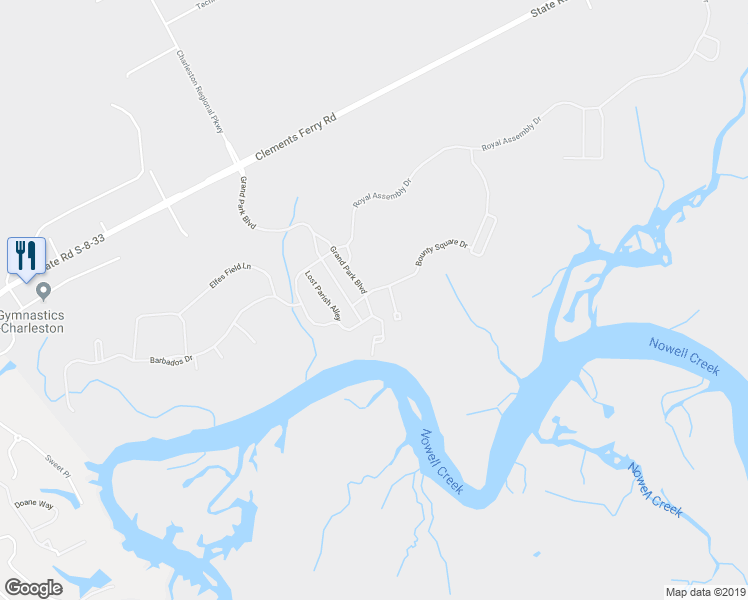 map of restaurants, bars, coffee shops, grocery stores, and more near 250 Grand Park Boulevard in Charleston