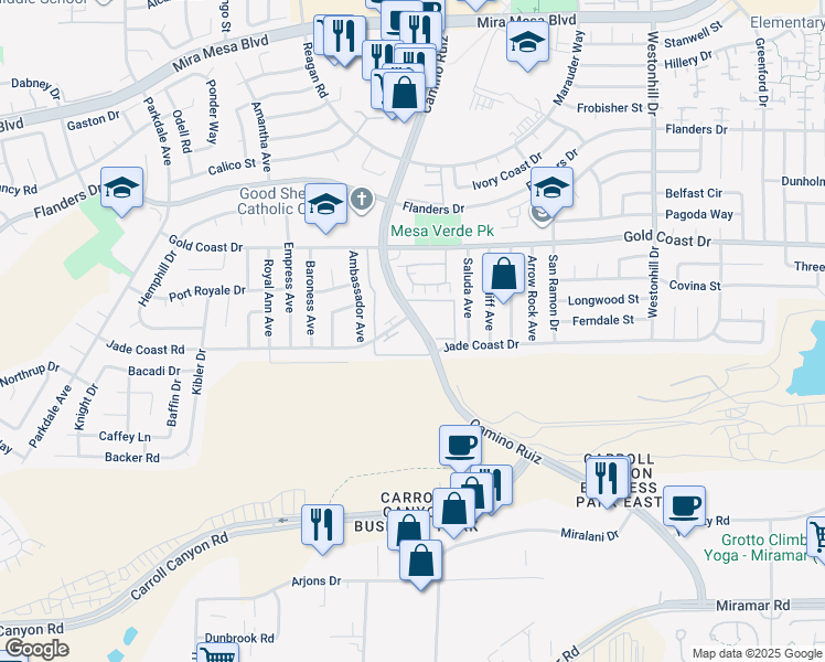 map of restaurants, bars, coffee shops, grocery stores, and more near 10174 Camino Ruiz in San Diego