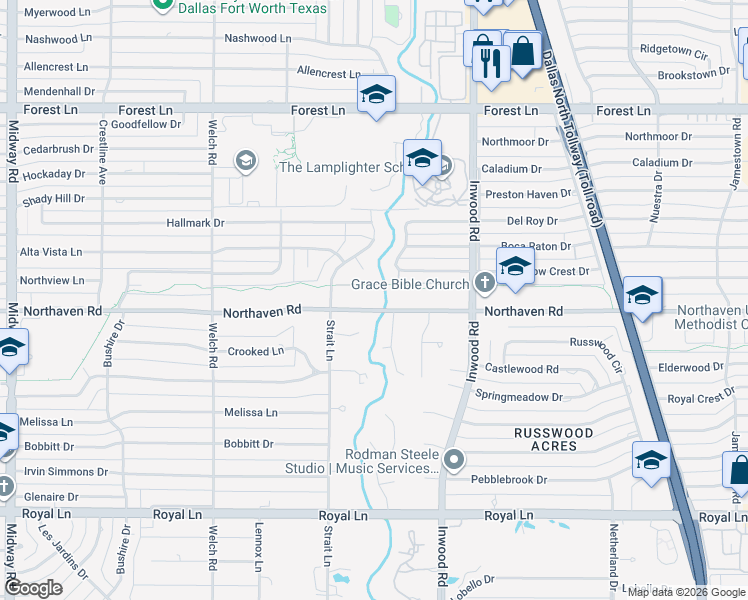 map of restaurants, bars, coffee shops, grocery stores, and more near 5019 Northaven Road in Dallas