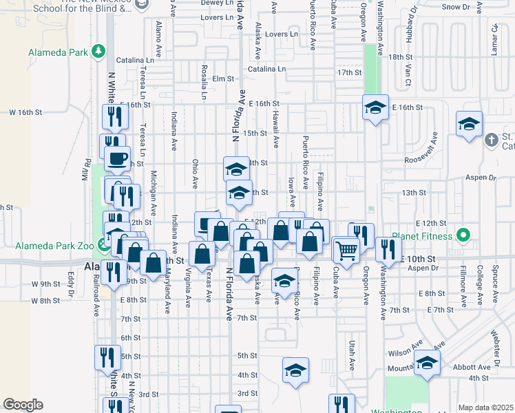 map of restaurants, bars, coffee shops, grocery stores, and more near 1211 Hawaii Avenue in Alamogordo
