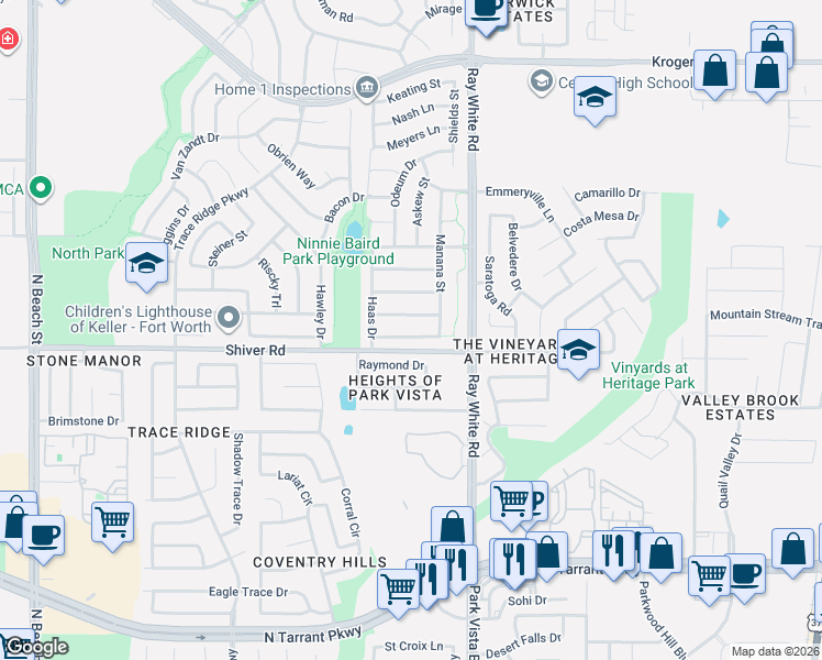 map of restaurants, bars, coffee shops, grocery stores, and more near 5033 Cassidy Lane in Fort Worth