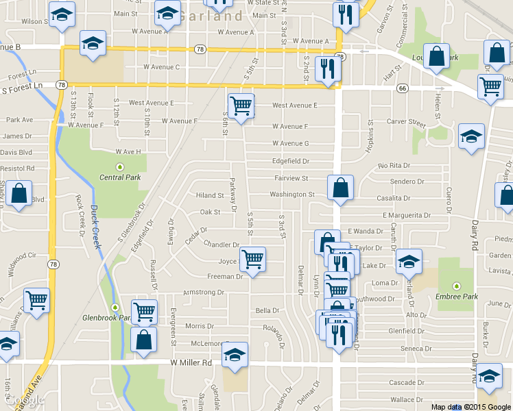 map of restaurants, bars, coffee shops, grocery stores, and more near 405 Buhler Dr in Garland