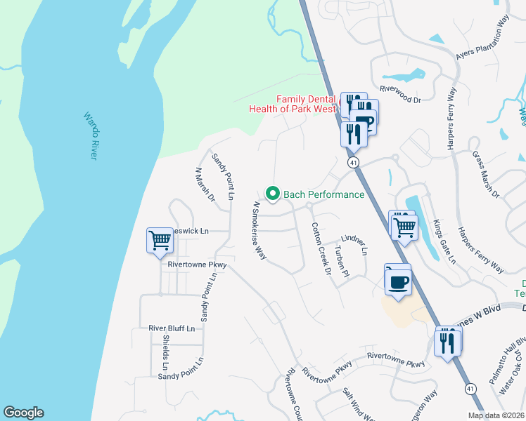 map of restaurants, bars, coffee shops, grocery stores, and more near 2616 Planters Pointe Boulevard in Mount Pleasant