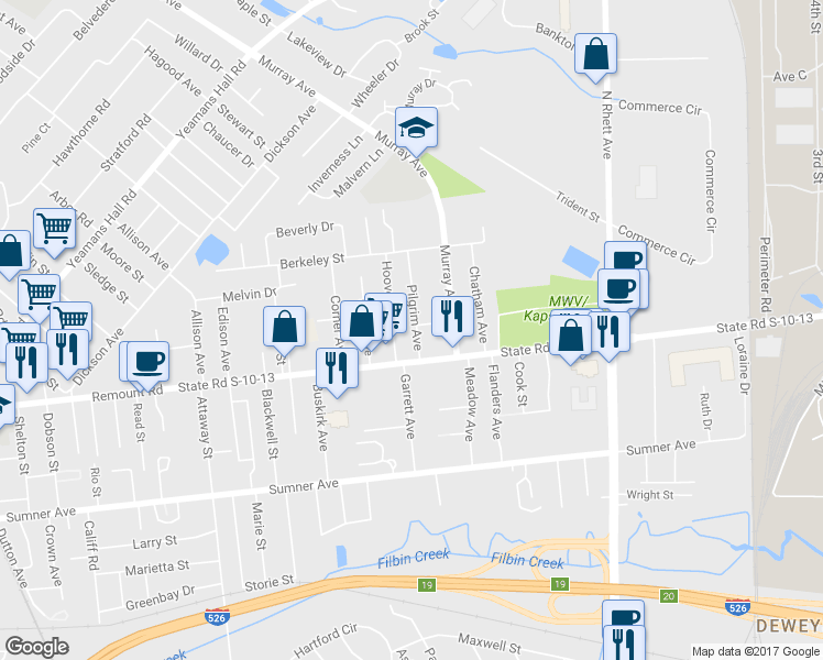 map of restaurants, bars, coffee shops, grocery stores, and more near 5729 Pilgrim Avenue in North Charleston