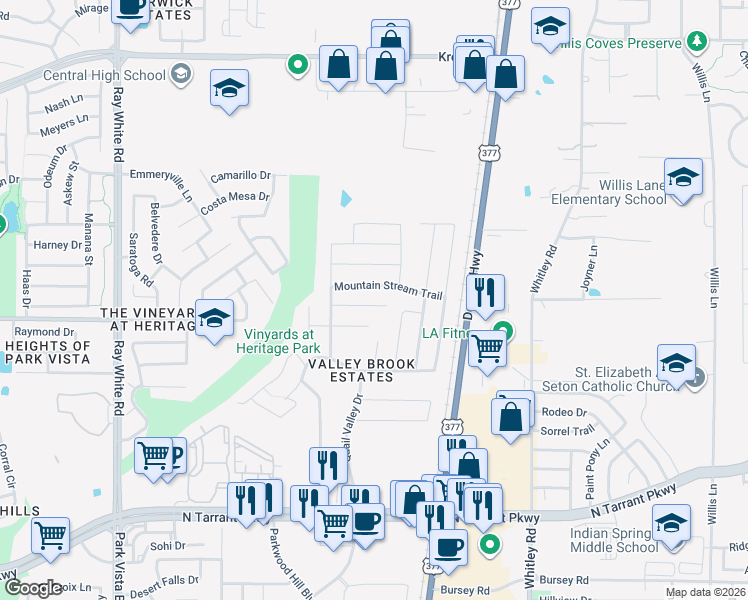 map of restaurants, bars, coffee shops, grocery stores, and more near 5741 Moon Flower Court in Fort Worth
