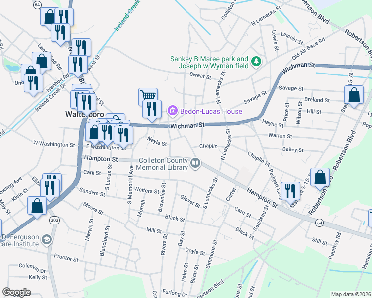 map of restaurants, bars, coffee shops, grocery stores, and more near 117 Fishburne Street in Walterboro