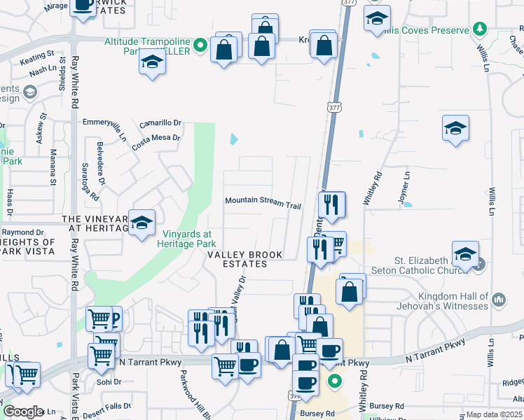map of restaurants, bars, coffee shops, grocery stores, and more near 5753 Moon Flower Court in Fort Worth
