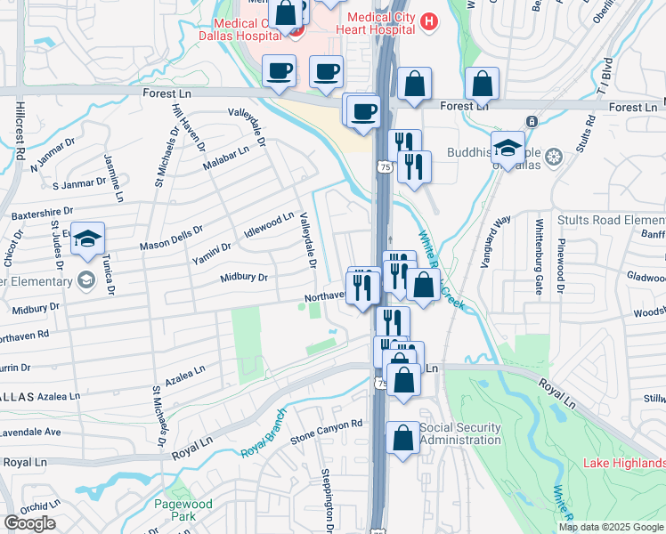 map of restaurants, bars, coffee shops, grocery stores, and more near 11237 Park Central Place in Dallas