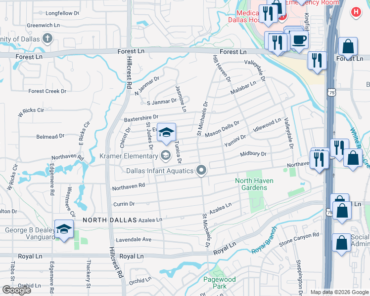 map of restaurants, bars, coffee shops, grocery stores, and more near 7219 Yamini Drive in Dallas