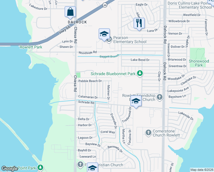 map of restaurants, bars, coffee shops, grocery stores, and more near 4613 Mariner Drive in Rowlett