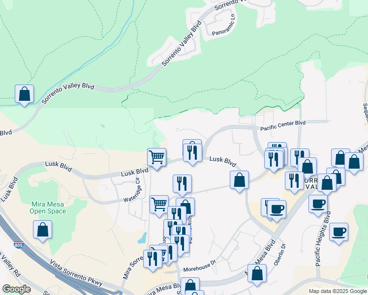 map of restaurants, bars, coffee shops, grocery stores, and more near 6455 Lusk Boulevard in San Diego