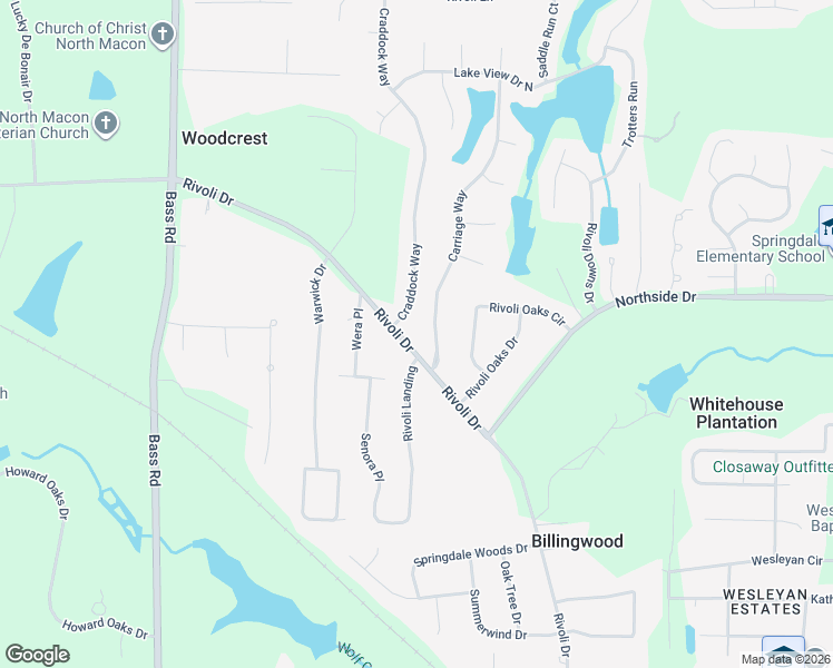 map of restaurants, bars, coffee shops, grocery stores, and more near 5359 Rivoli Drive in Macon