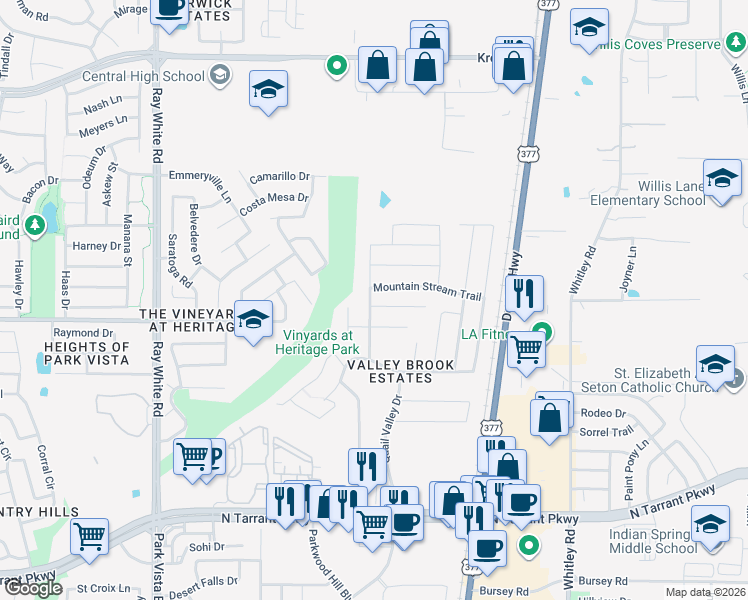 map of restaurants, bars, coffee shops, grocery stores, and more near 5705 Moon Flower Court in Fort Worth