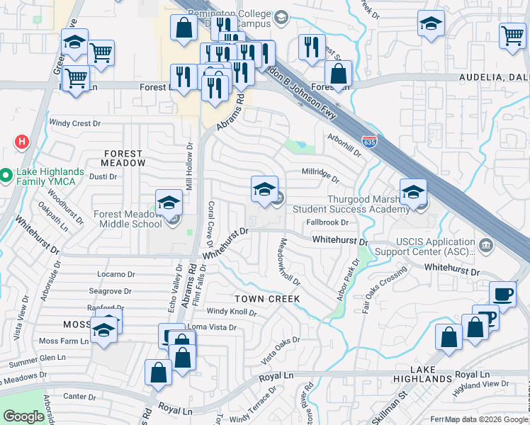 map of restaurants, bars, coffee shops, grocery stores, and more near 9229 Meadowknoll Drive in Dallas