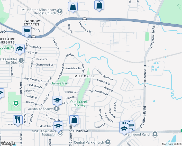 map of restaurants, bars, coffee shops, grocery stores, and more near 1021 Mill Spring Drive in Garland