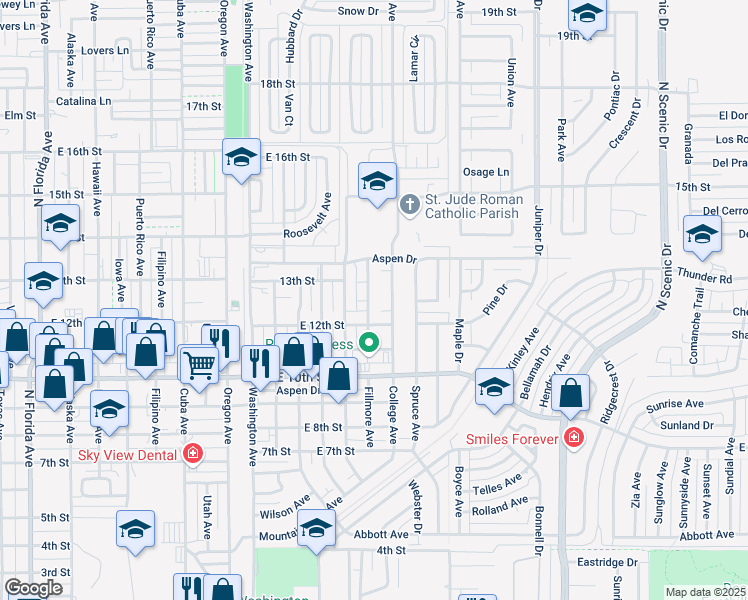 map of restaurants, bars, coffee shops, grocery stores, and more near 1301 Fillmore Avenue in Alamogordo