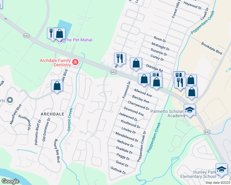 map of restaurants, bars, coffee shops, grocery stores, and more near 7850 Wilderness Trail in North Charleston