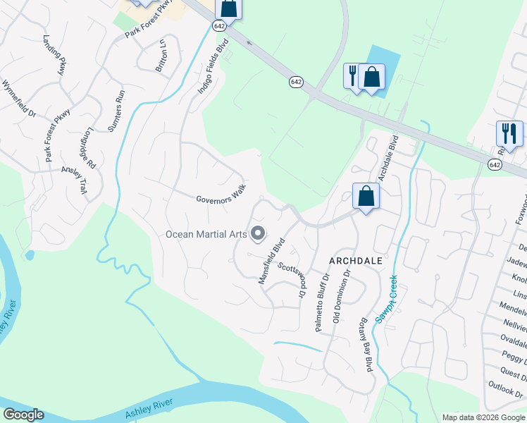 map of restaurants, bars, coffee shops, grocery stores, and more near 104 Excaliber Place in Charleston