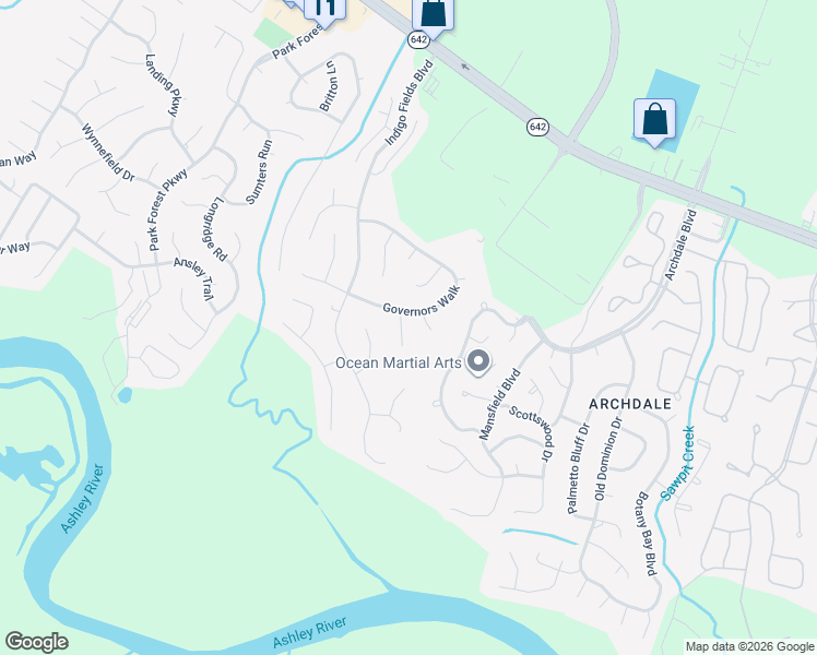 map of restaurants, bars, coffee shops, grocery stores, and more near 5512 Elliott Glen Court in North Charleston