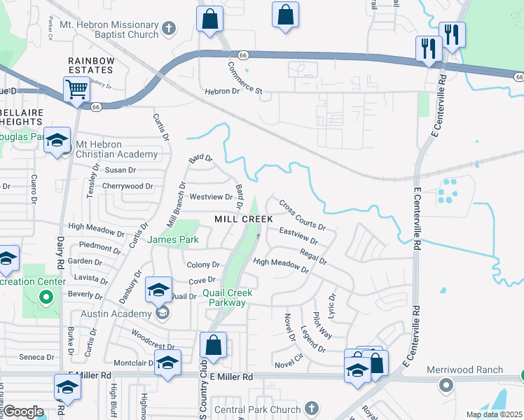 map of restaurants, bars, coffee shops, grocery stores, and more near 1021 Mill Spring Drive in Garland