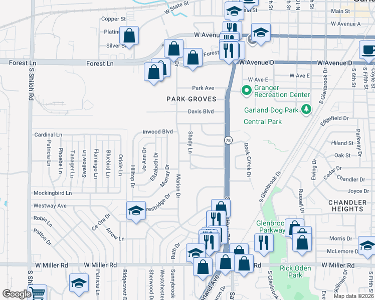 map of restaurants, bars, coffee shops, grocery stores, and more near 1214 Marion Drive in Garland