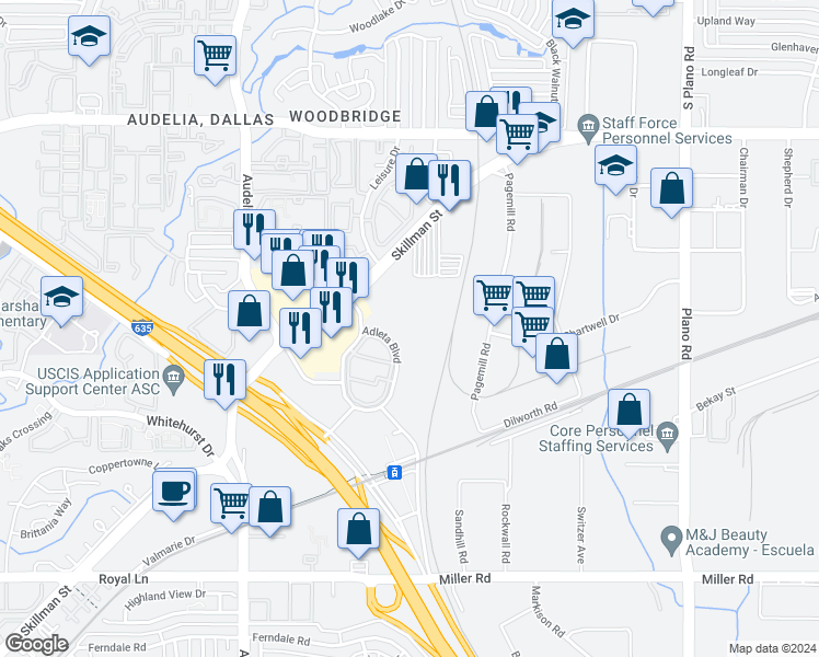 map of restaurants, bars, coffee shops, grocery stores, and more near 9340 Skillman Street in Dallas