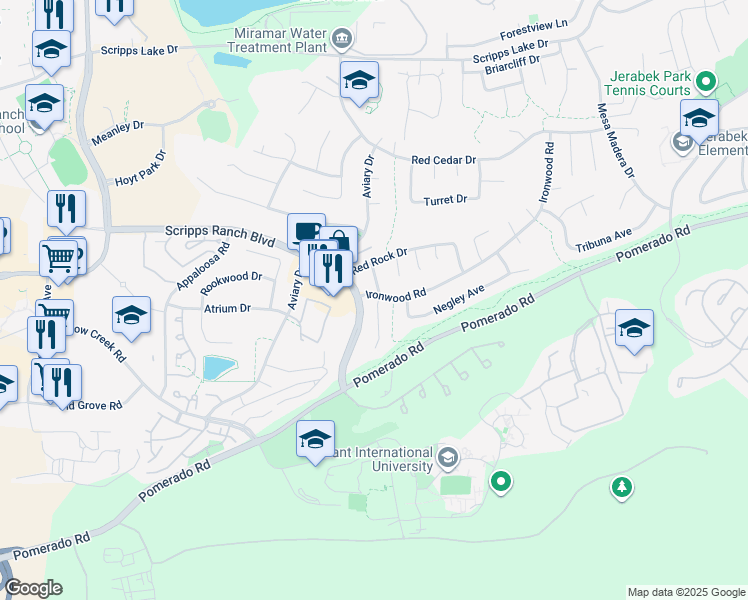 map of restaurants, bars, coffee shops, grocery stores, and more near 10831 Ironwood Road in San Diego