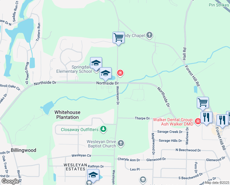 map of restaurants, bars, coffee shops, grocery stores, and more near 157 Braxton Drive in Macon