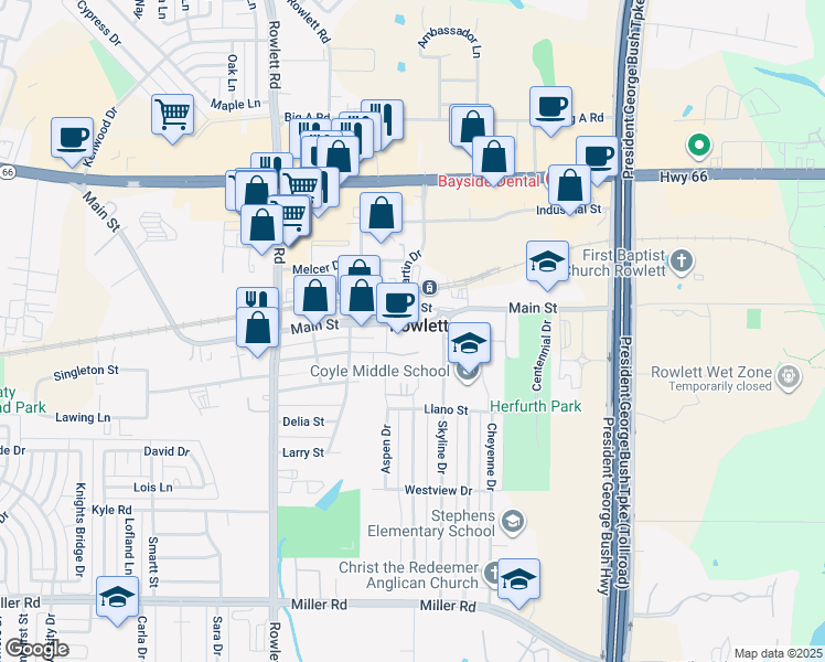 map of restaurants, bars, coffee shops, grocery stores, and more near 3900 Main Street in Rowlett