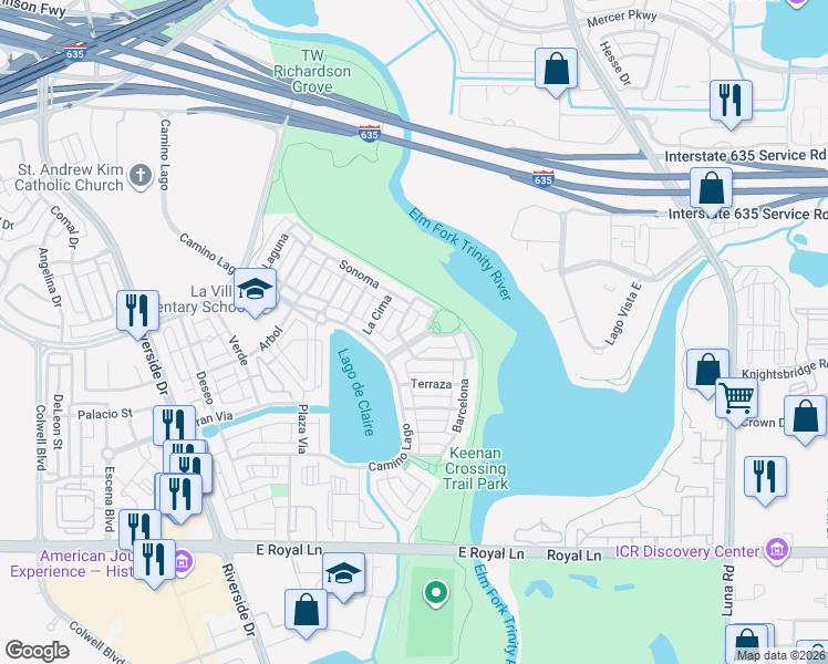 map of restaurants, bars, coffee shops, grocery stores, and more near 815 Valencia Boulevard in Irving