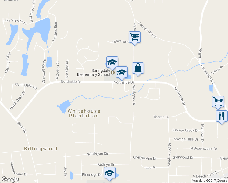 map of restaurants, bars, coffee shops, grocery stores, and more near 207 Springdale Court in Macon