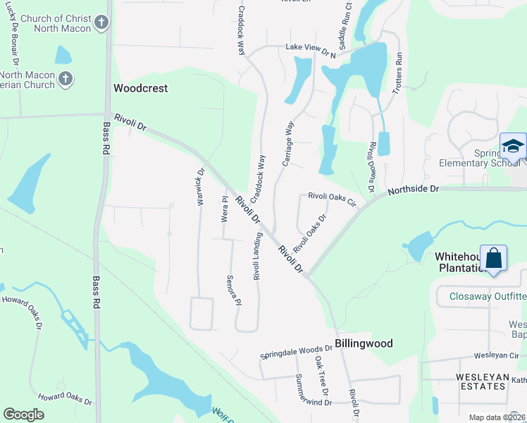 map of restaurants, bars, coffee shops, grocery stores, and more near 5359 Rivoli Drive in Macon
