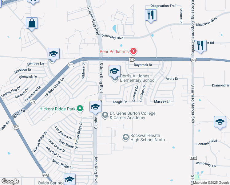 map of restaurants, bars, coffee shops, grocery stores, and more near 2260 Fieldcrest Drive in Rockwall