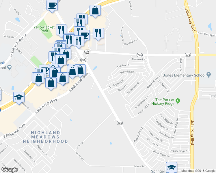 map of restaurants, bars, coffee shops, grocery stores, and more near 1390 Lochspring Drive in Rockwall