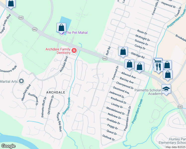 map of restaurants, bars, coffee shops, grocery stores, and more near 7950 Parklane Court in North Charleston