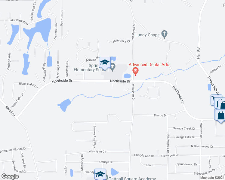 map of restaurants, bars, coffee shops, grocery stores, and more near 215 Springdale Court in Macon