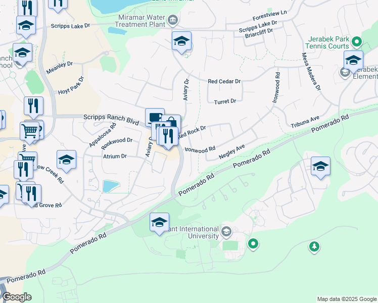 map of restaurants, bars, coffee shops, grocery stores, and more near 10831 Ironwood Road in San Diego