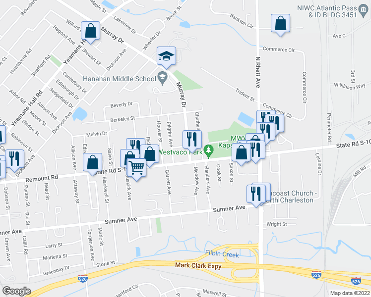 map of restaurants, bars, coffee shops, grocery stores, and more near 5731 North Murray Avenue in Charleston
