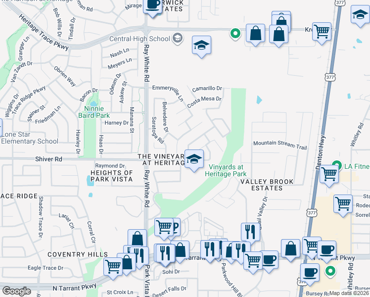 map of restaurants, bars, coffee shops, grocery stores, and more near 5313 Temecula Road in Fort Worth