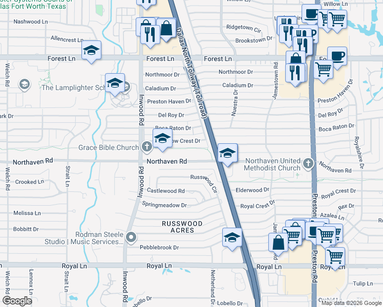 map of restaurants, bars, coffee shops, grocery stores, and more near 5501 Northaven Road in Dallas