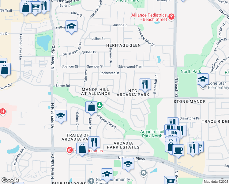 map of restaurants, bars, coffee shops, grocery stores, and more near 9000 Heartwood Drive in Fort Worth
