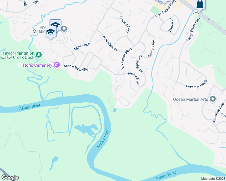 map of restaurants, bars, coffee shops, grocery stores, and more near 8375 Spring Farm Gate in North Charleston