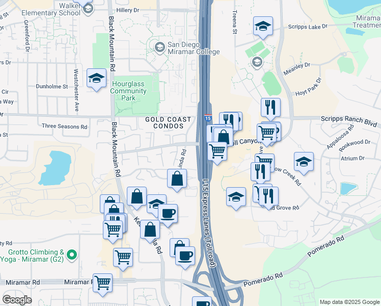 map of restaurants, bars, coffee shops, grocery stores, and more near 10151 Maya Linda Road in San Diego