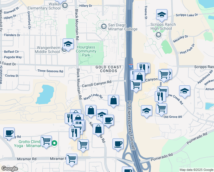 map of restaurants, bars, coffee shops, grocery stores, and more near 135 Caminito Jovial in San Diego
