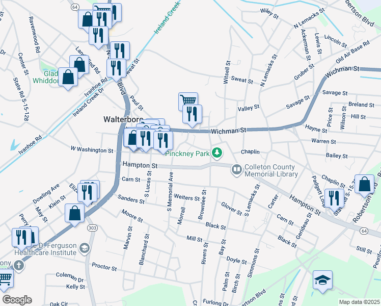 map of restaurants, bars, coffee shops, grocery stores, and more near 116 Neyle Street in Walterboro