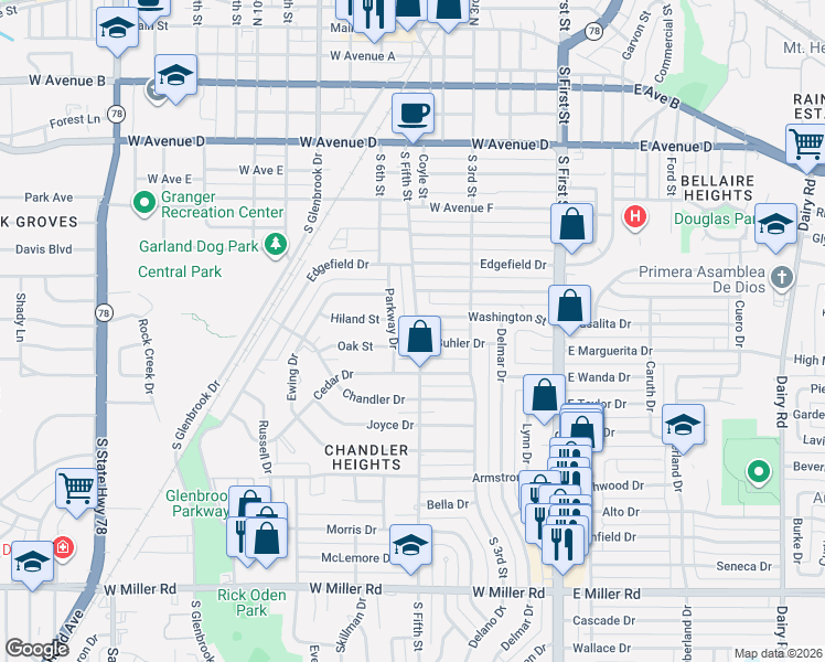map of restaurants, bars, coffee shops, grocery stores, and more near 405 Buhler Drive in Garland