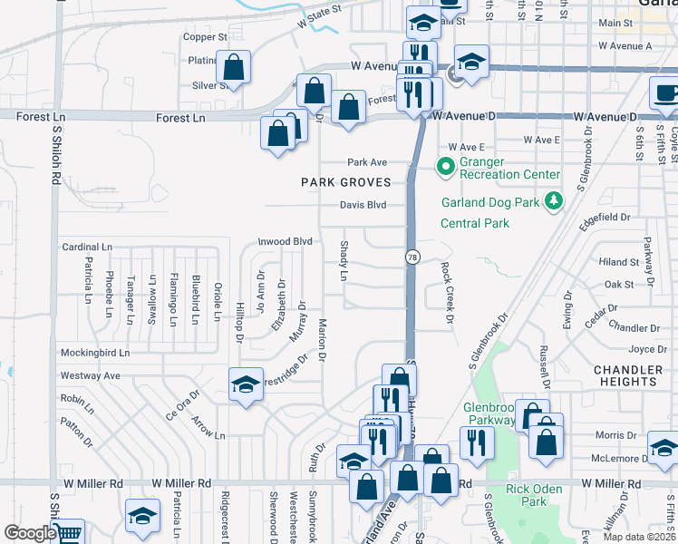 map of restaurants, bars, coffee shops, grocery stores, and more near 1214 Marion Drive in Garland