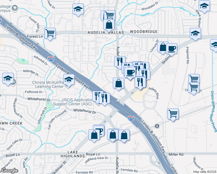 map of restaurants, bars, coffee shops, grocery stores, and more near 11311 Audelia Road in Dallas
